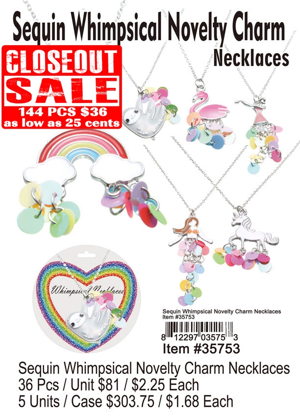 Sequin Whimpsical Novelty Charm Necklace - Closeout 144 Pcs.